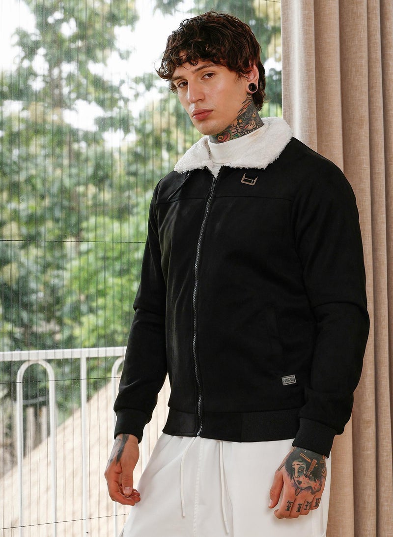 Campus Sutra Men's Contrast Sherpa-Lined Suede Bomber Jacket | Point Collar , Long Ribbed Cuff Sleeves , Zipper Closure , Ribbed-Straight Hem | Solid Woven Textured For Casual & Daily | Raven Black - Image 3